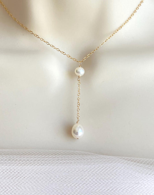Dangle Y Pearl Pendant Necklace • Sterling Silver or Gold Filled