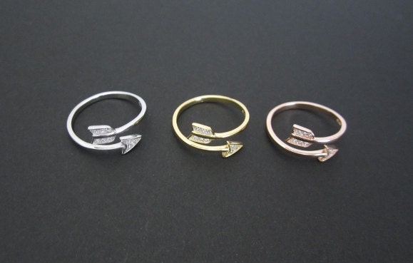 Adjustable Sterling Silver Arrow Ring with Rhinestones • Sterling Silver • Gold • Rose Gold