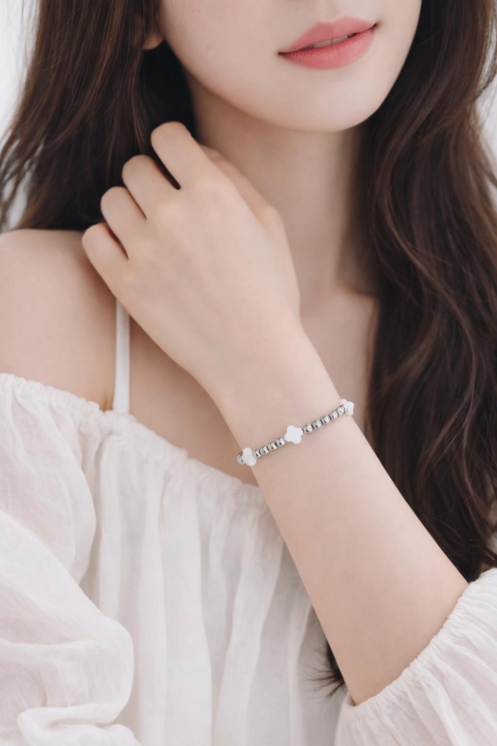 Stainless Steel Beaded Stretch Bracelet with Shell Clover Beads • Lucky Charm Jewelry for Women