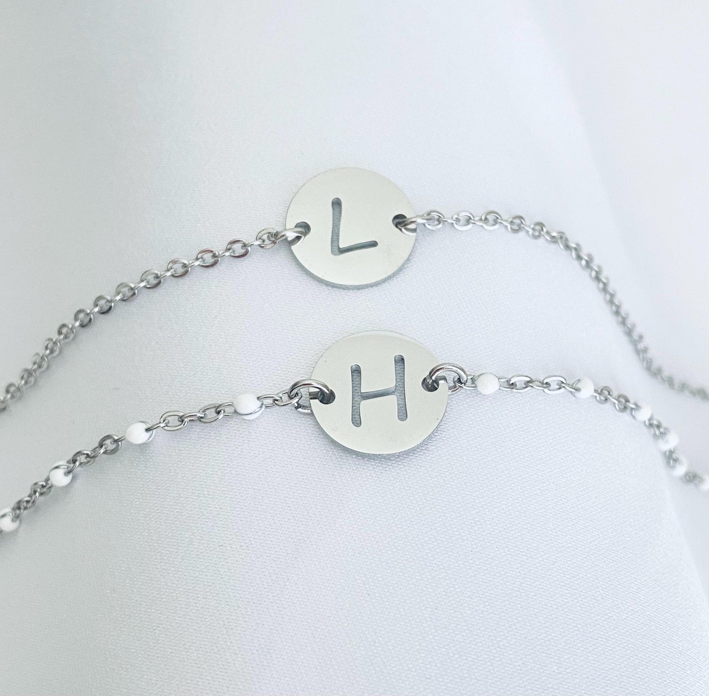 Initial Charm Bracelet • Personalized Letter Bracelet with Flat Cable Chain or White Enamel Beaded Chain