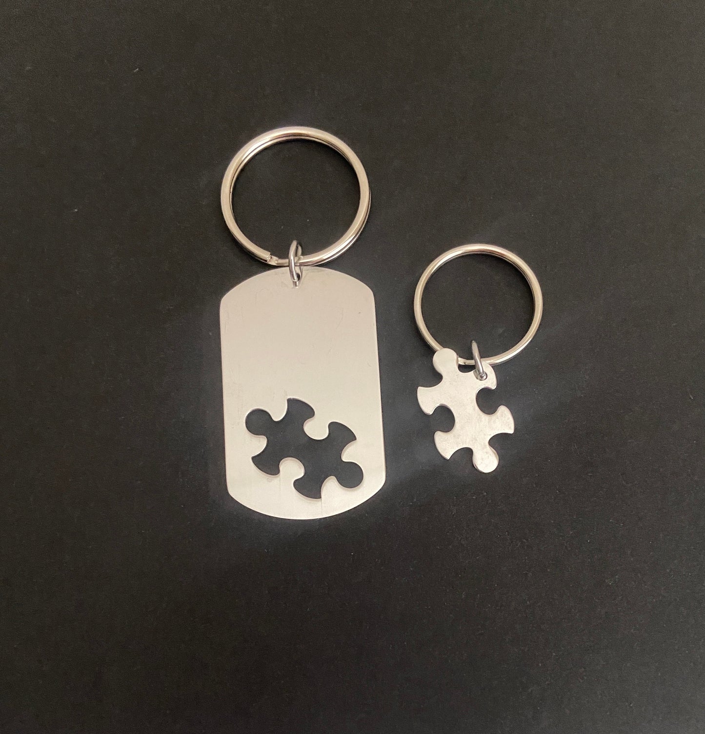 Personalized Stainless Steel Puzzle Key Chain Set • Interlocking Puzzle Piece Dog Tag Key Chains