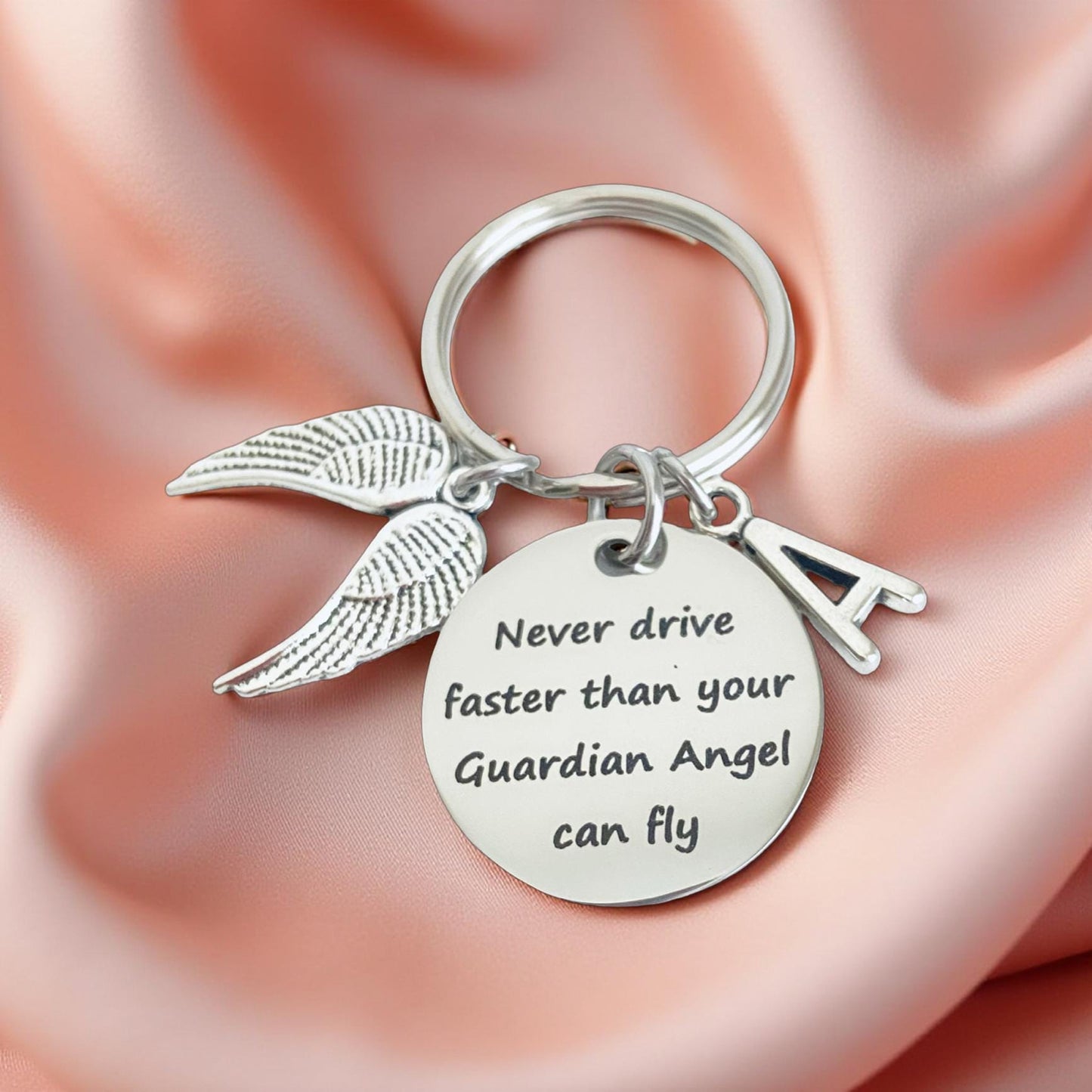 Personalized Drive Safe Keychain • Never Drive Faster Than Your Guardian Angel Can Fly Key Chain with Initial