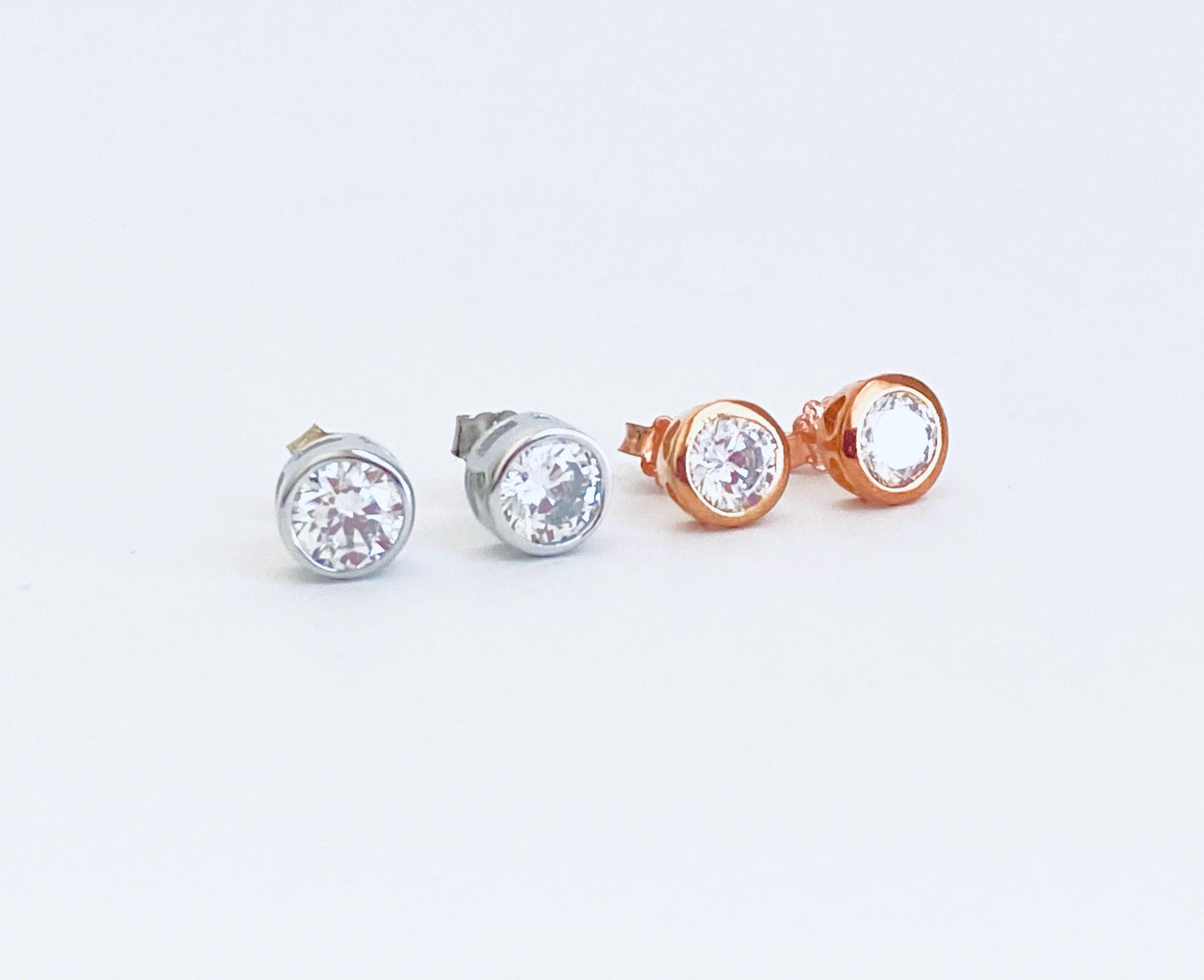 Sterling Silver Solitaire Stud Earrings • 925 Silver or Rose Gold over Sterling Silver