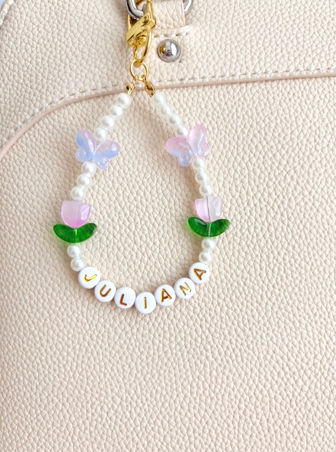 Personalized Name Bag Charm with Tulip & Butterfly