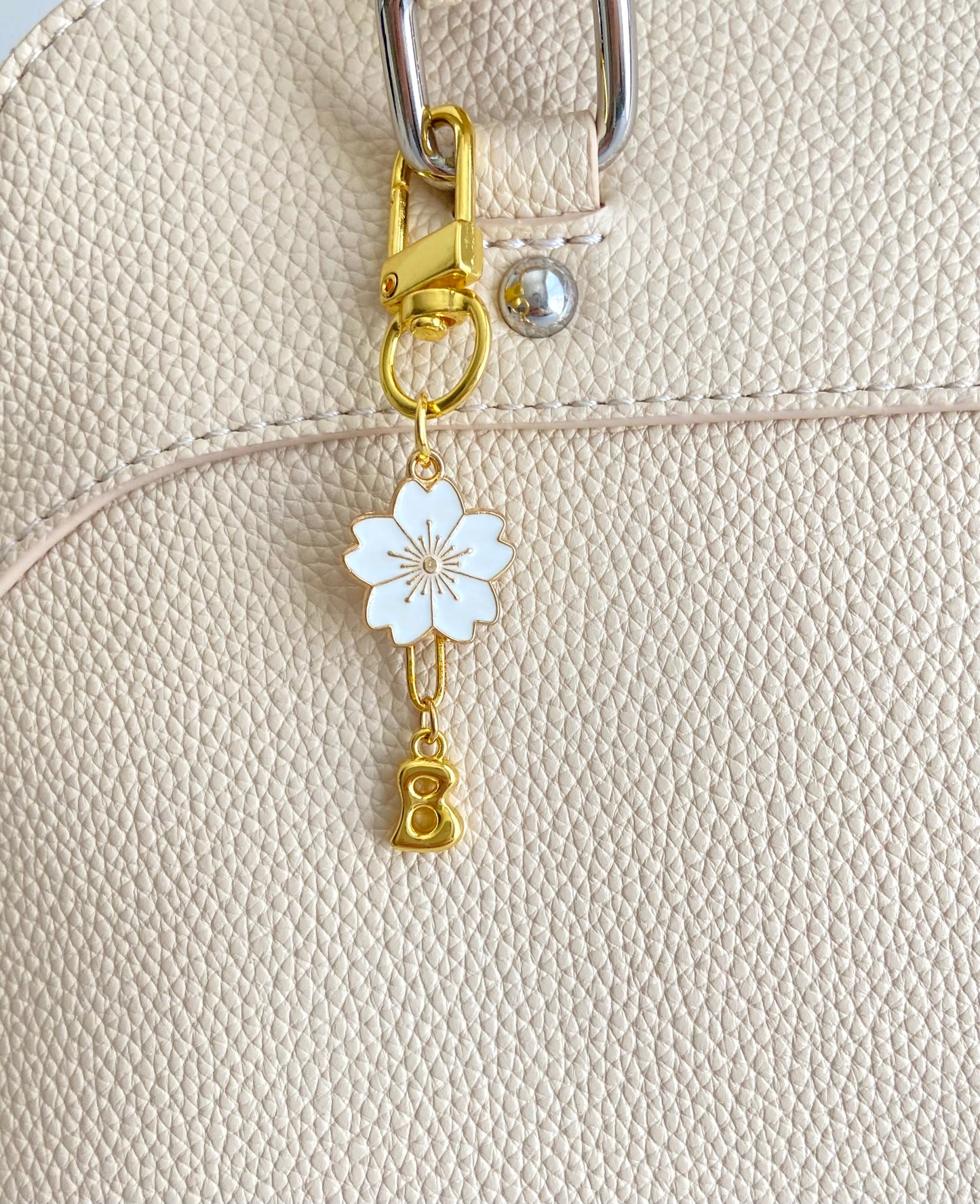 Matching Mother & Daughter Gold Tone Clip-On Bag Charm Set • Large & Small Bubble Initial with Flower Charm Set