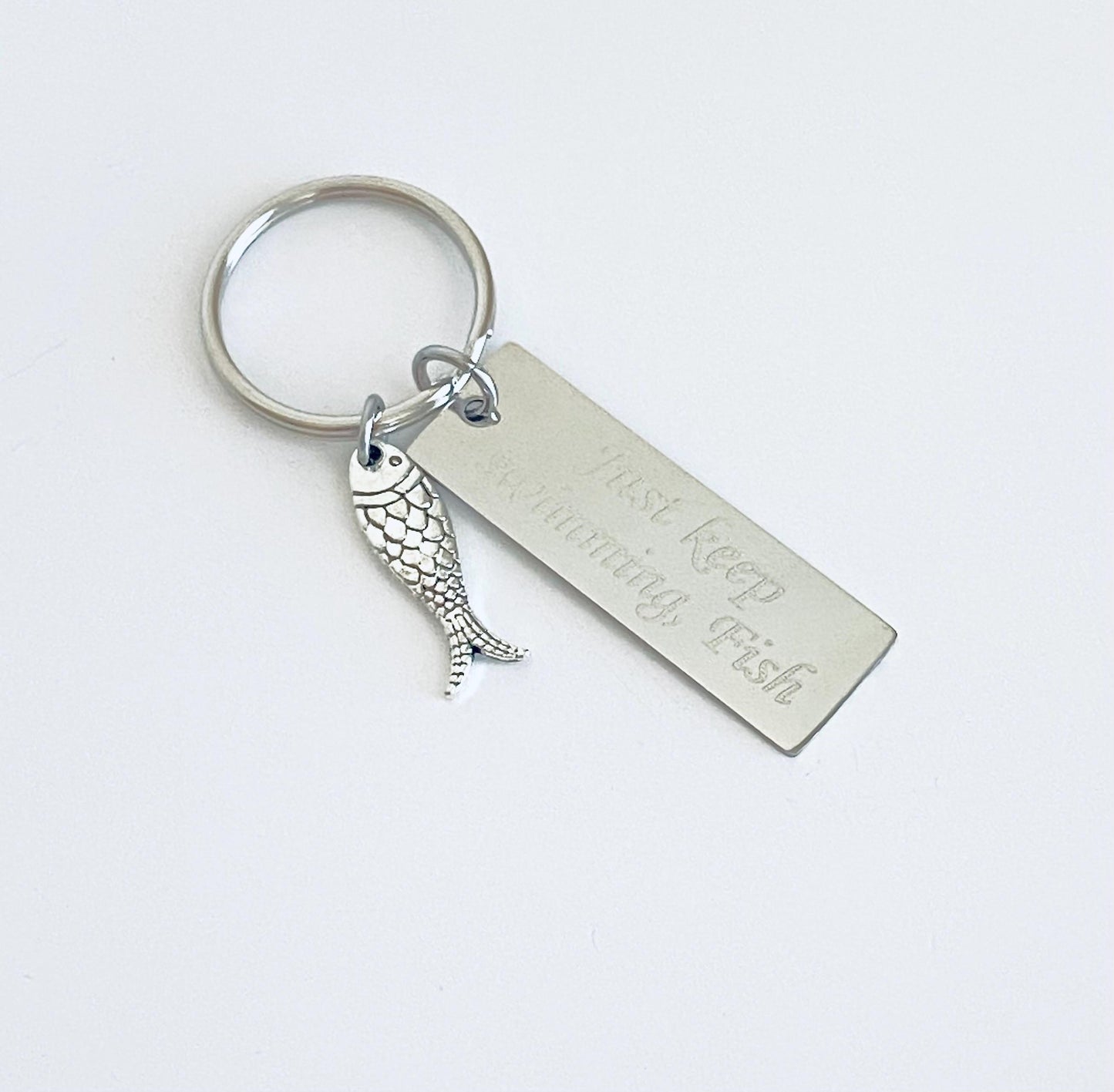 Personalized Stainless Steel Tag with Fish Charm Key Chain • Custom Engraved Fishing Gift