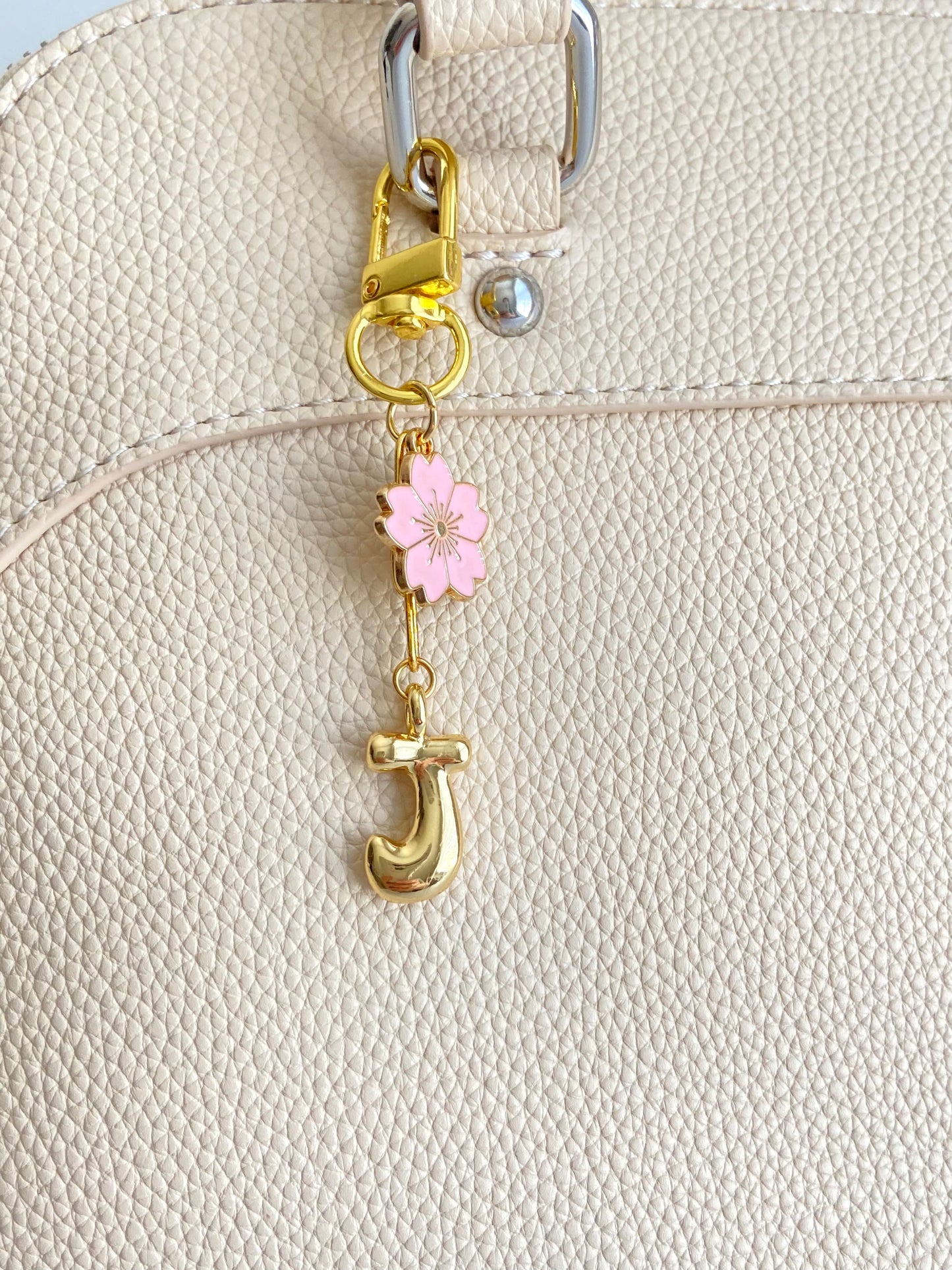 Matching Mother & Daughter Gold Tone Clip-On Bag Charm Set • Large & Small Bubble Initial with Flower Charm Set