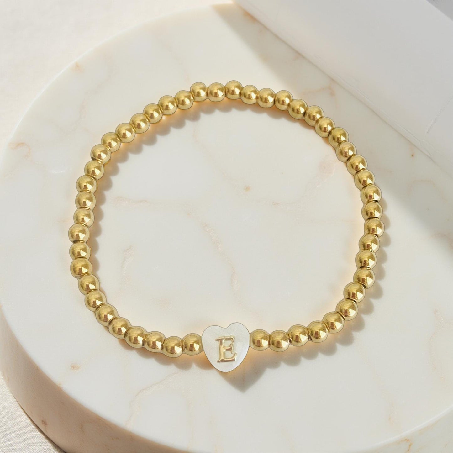 Personalized Dainty Initial Bracelet • Gold Beaded Stretch Bracelet with Shell Initial