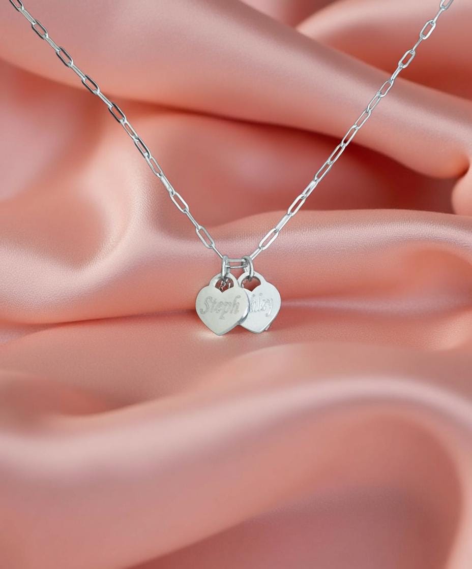 Personalized Heart Charm Necklace • Custom Engraved Necklace in Stainless Steel or Gold
