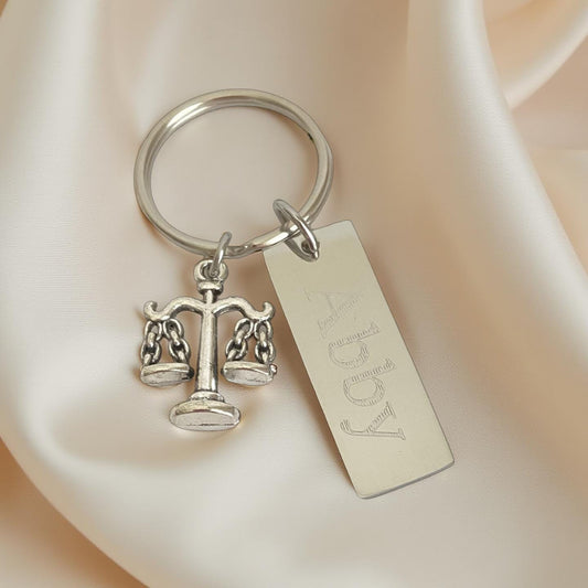 Personalized Stainless Steel Tag with Scale Charm • Custom Engraved Justice Keychain