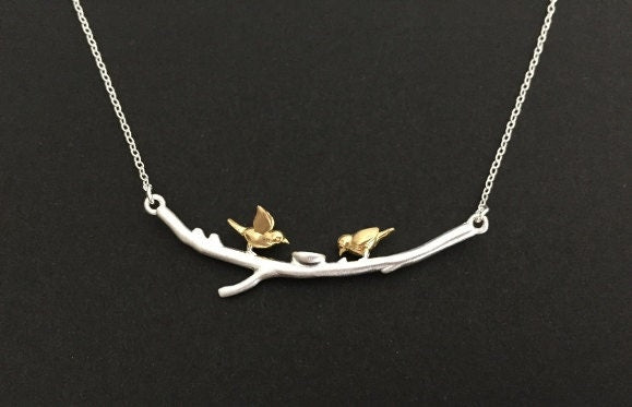 Sterling Silver Necklace with Gold Love Birds on Branch – Two-Tone Romantic Bird Pendant