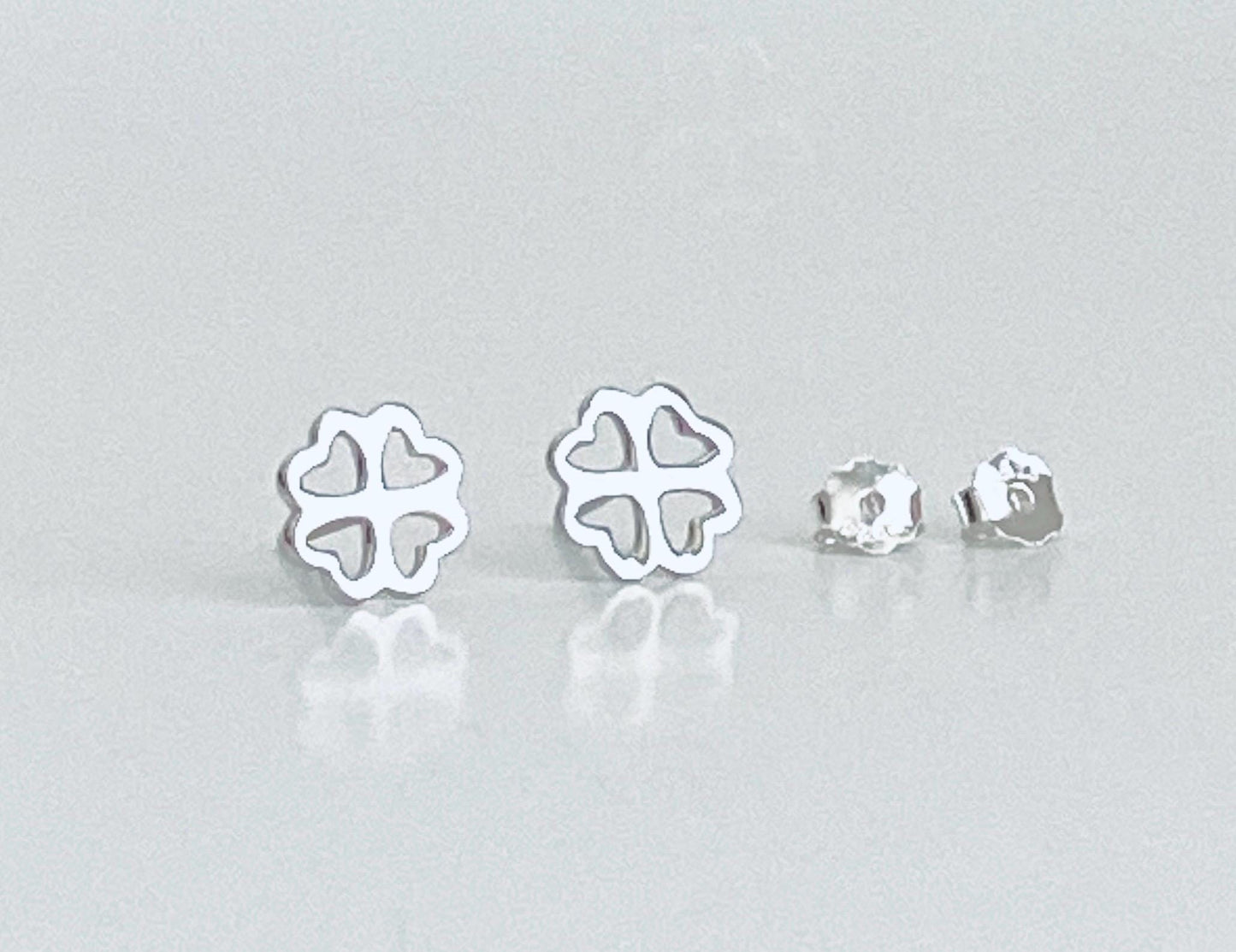 Sterling Silver Clover Stud Earrings •  Lucky Four Leaf Clover 925 Silver Studs