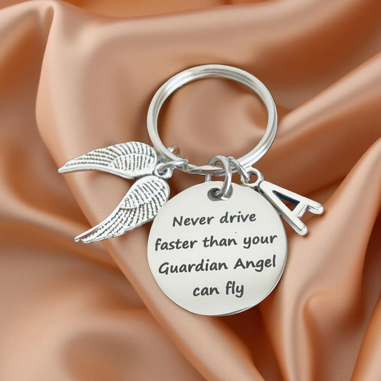 Personalized Drive Safe Keychain • Never Drive Faster Than Your Guardian Angel Can Fly Key Chain with Initial