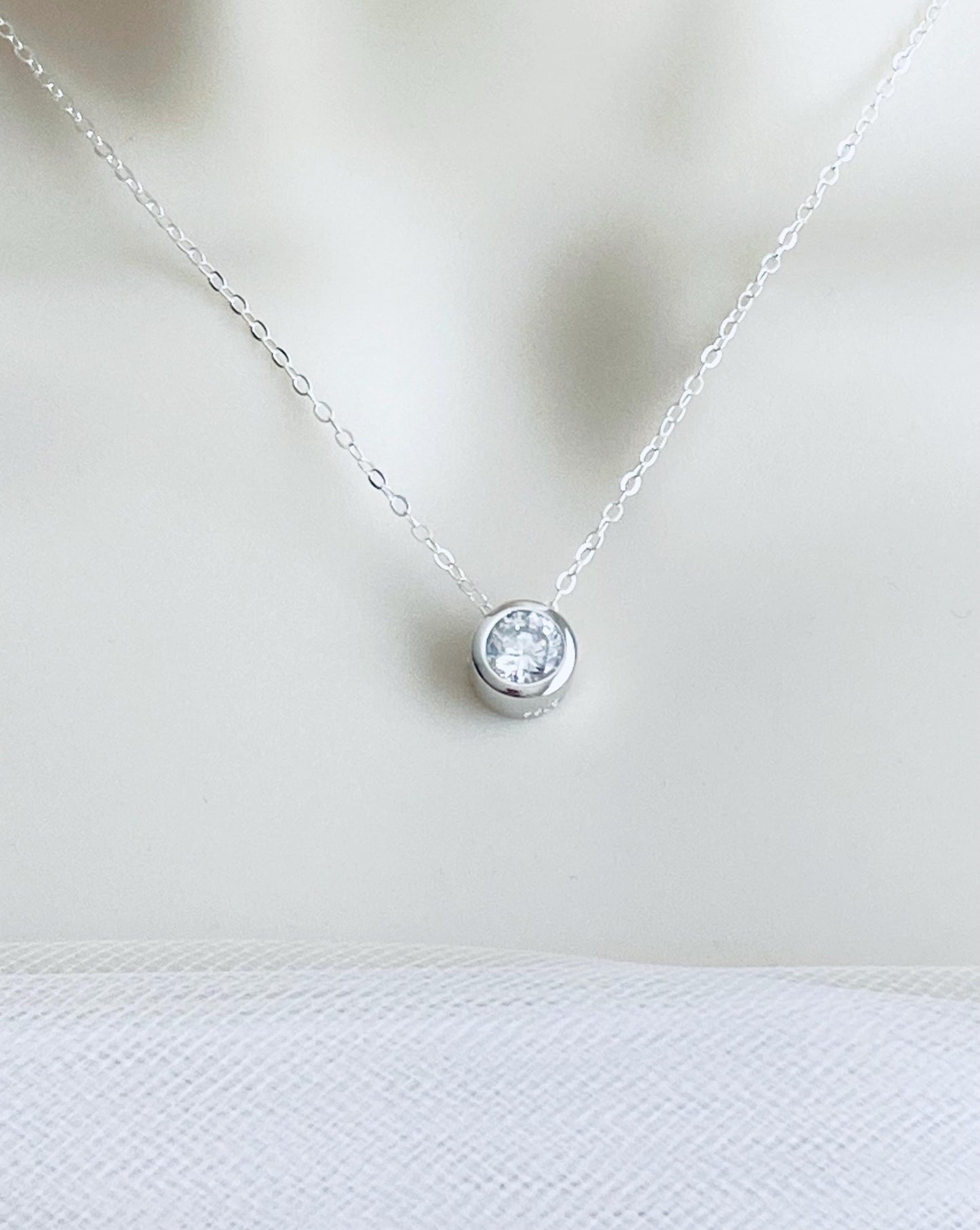 Sterling Silver Sparkle Floating Solitaire Pendant Necklace • Cubic Zirconia Pendant Necklace