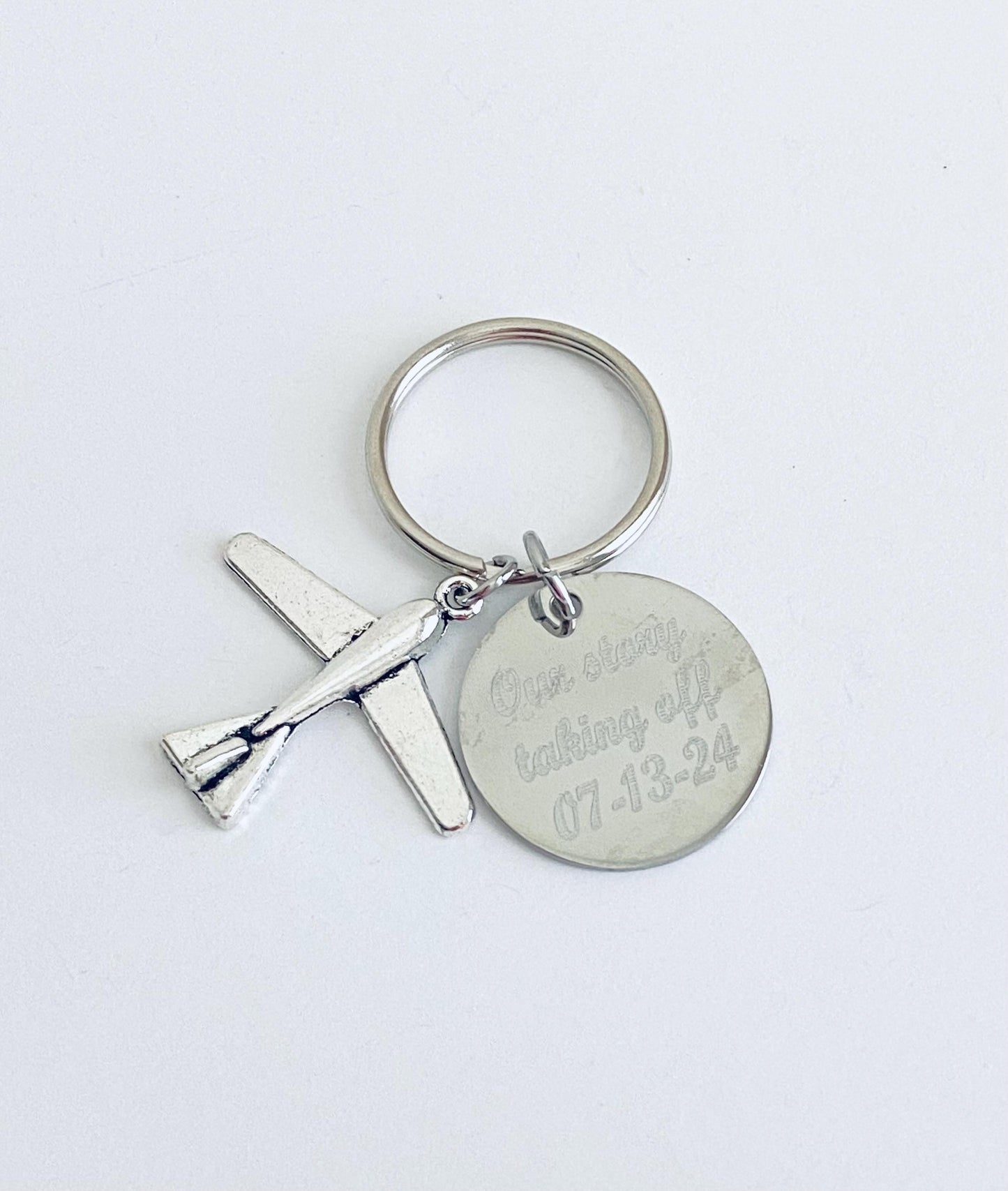 Personalized Airplane Keychain • Custom Engraved Key Chain with Airplane Charm