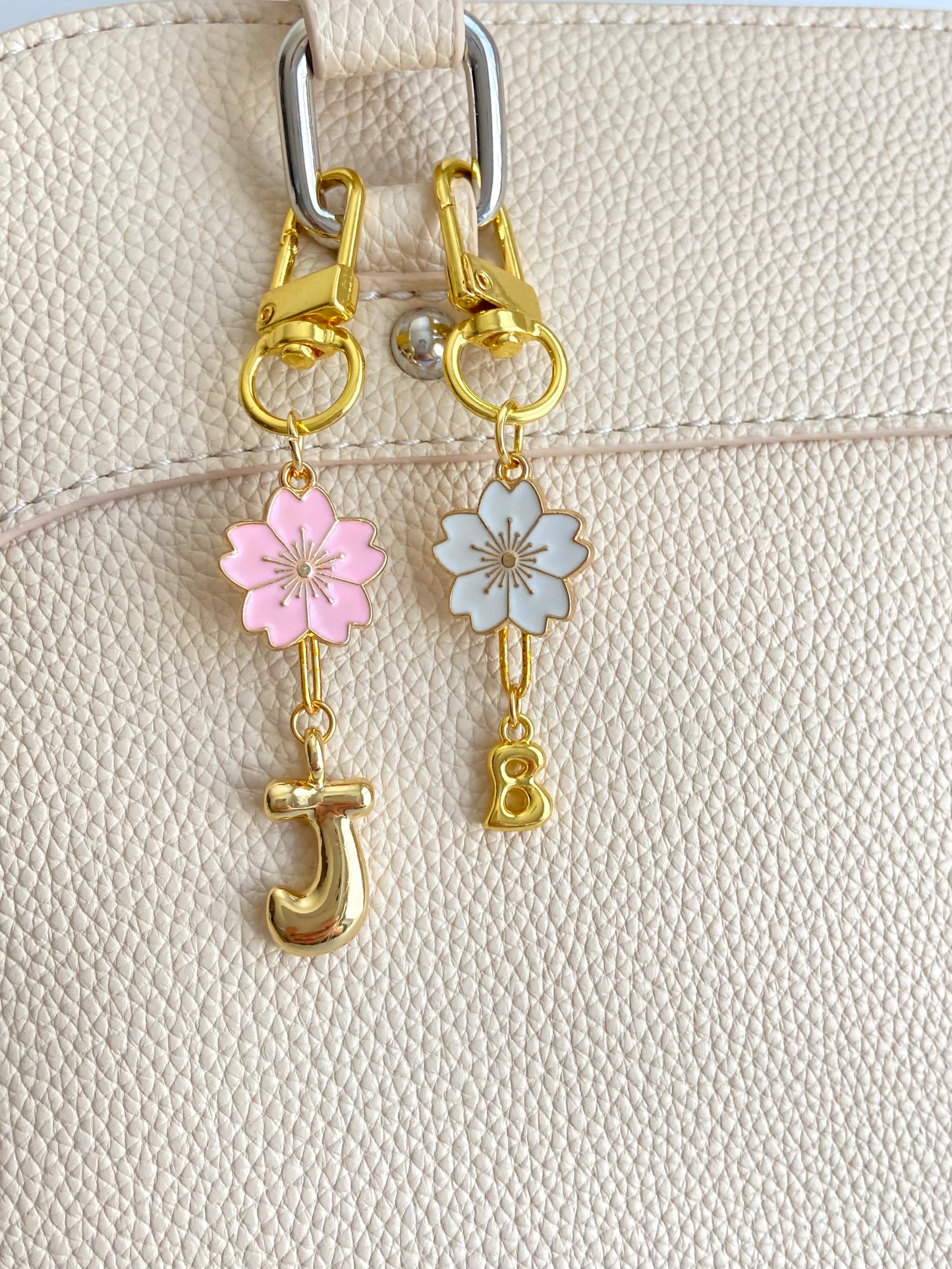 Matching Mother & Daughter Gold Tone Clip-On Bag Charm Set • Large & Small Bubble Initial with Flower Charm Set