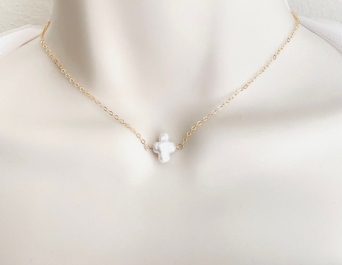 White Freshwater Pearl Cross Necklace in Sterling Silver or Gold Filled • Christian Pearl Jewelry Gift
