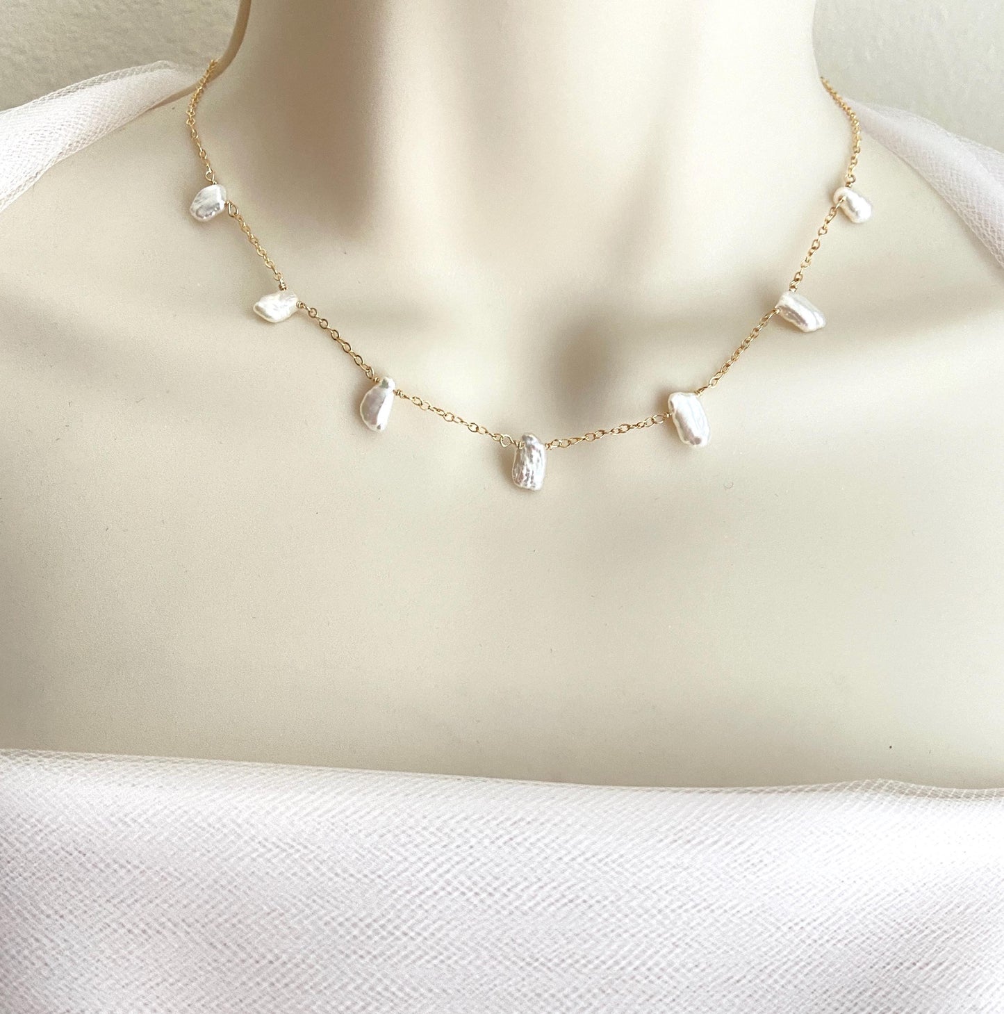Delicate White Freshwater Keshi Pearl Necklace • Sterling Silver, Gold Filled or Rose Gold
