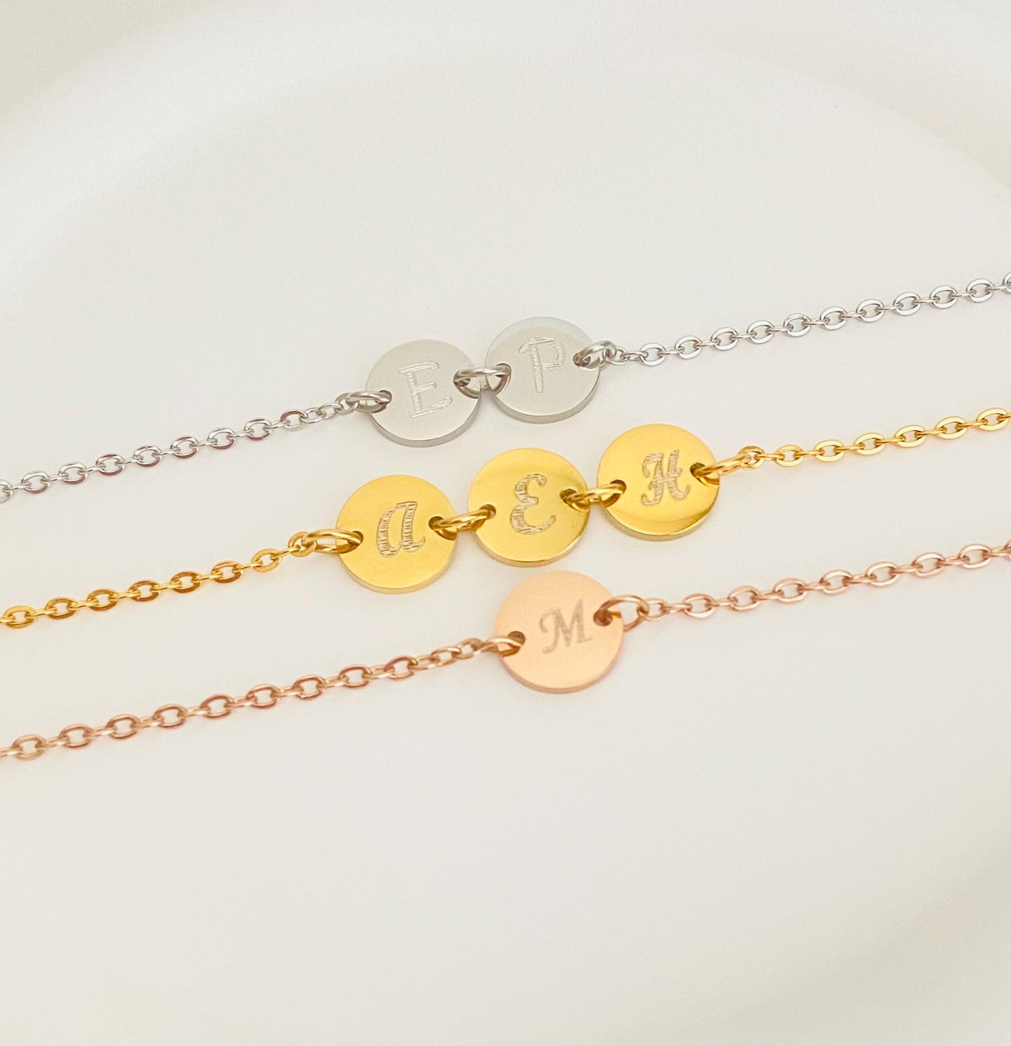 Personalized Stainless Steel Initial Bracelet. Engraved Round Charm Bracelet. Minimalist Layering Jewelry.