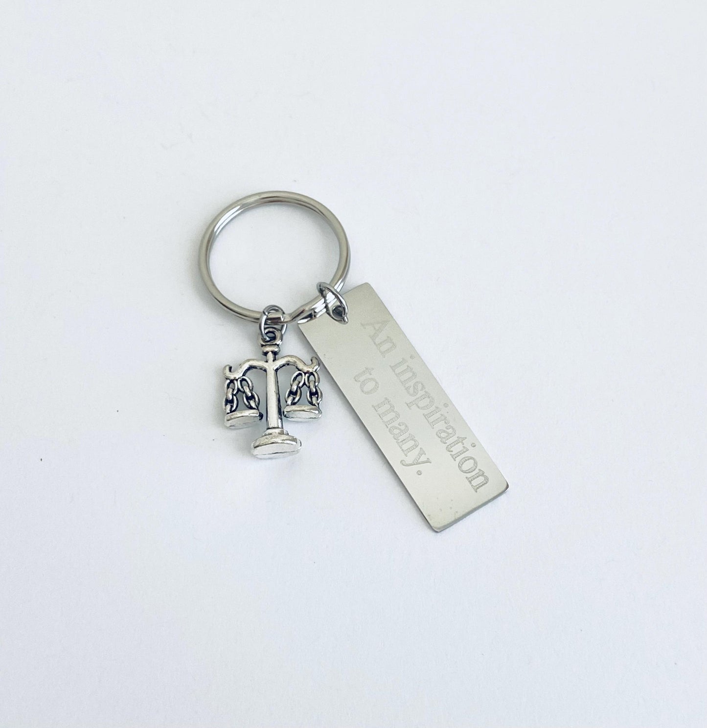 Personalized Stainless Steel Tag with Scale Charm • Custom Engraved Justice Keychain
