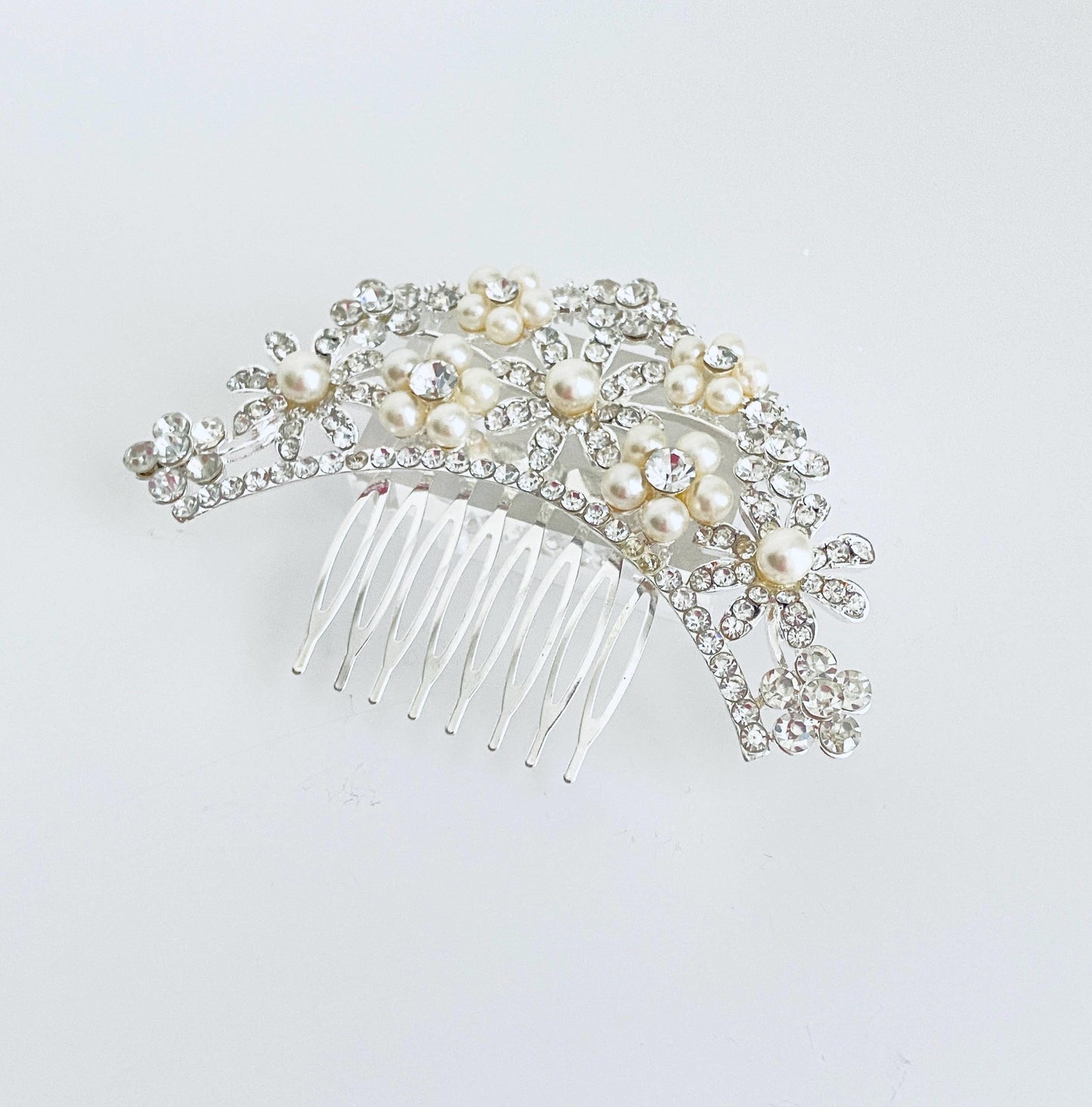 Rhinestone and White Glass Pearl Hair Comb • Elegant Wedding Hair Comb for Bridal Veil