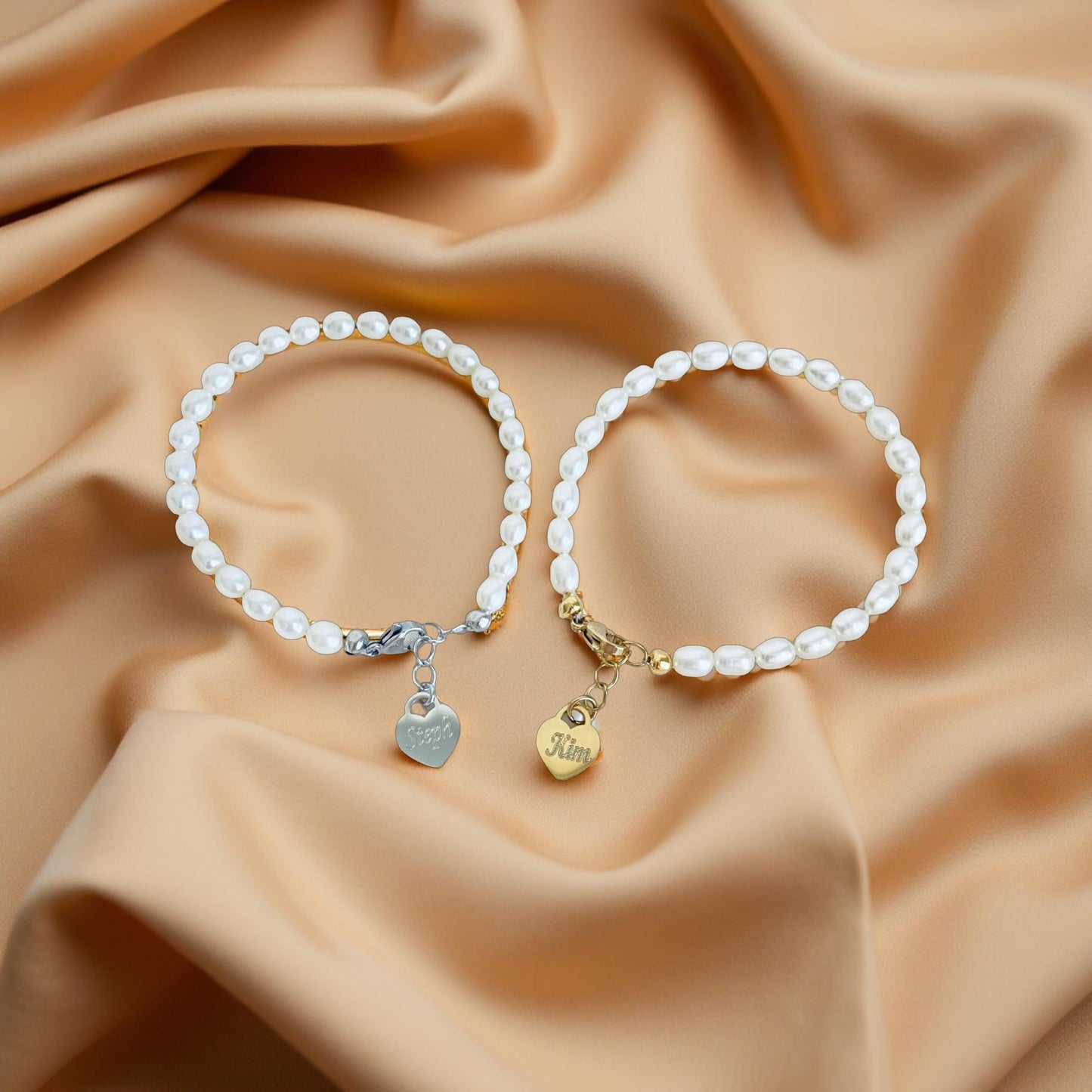 White Freshwater Pearl Bracelet with Personalized Stainless Steel Heart Charm • Custom Pearl Jewelry Gift