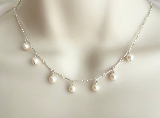 Dangle White Freshwater Pearl Necklace • Sterling Silver or Gold Filled Pearl Pendant Necklace