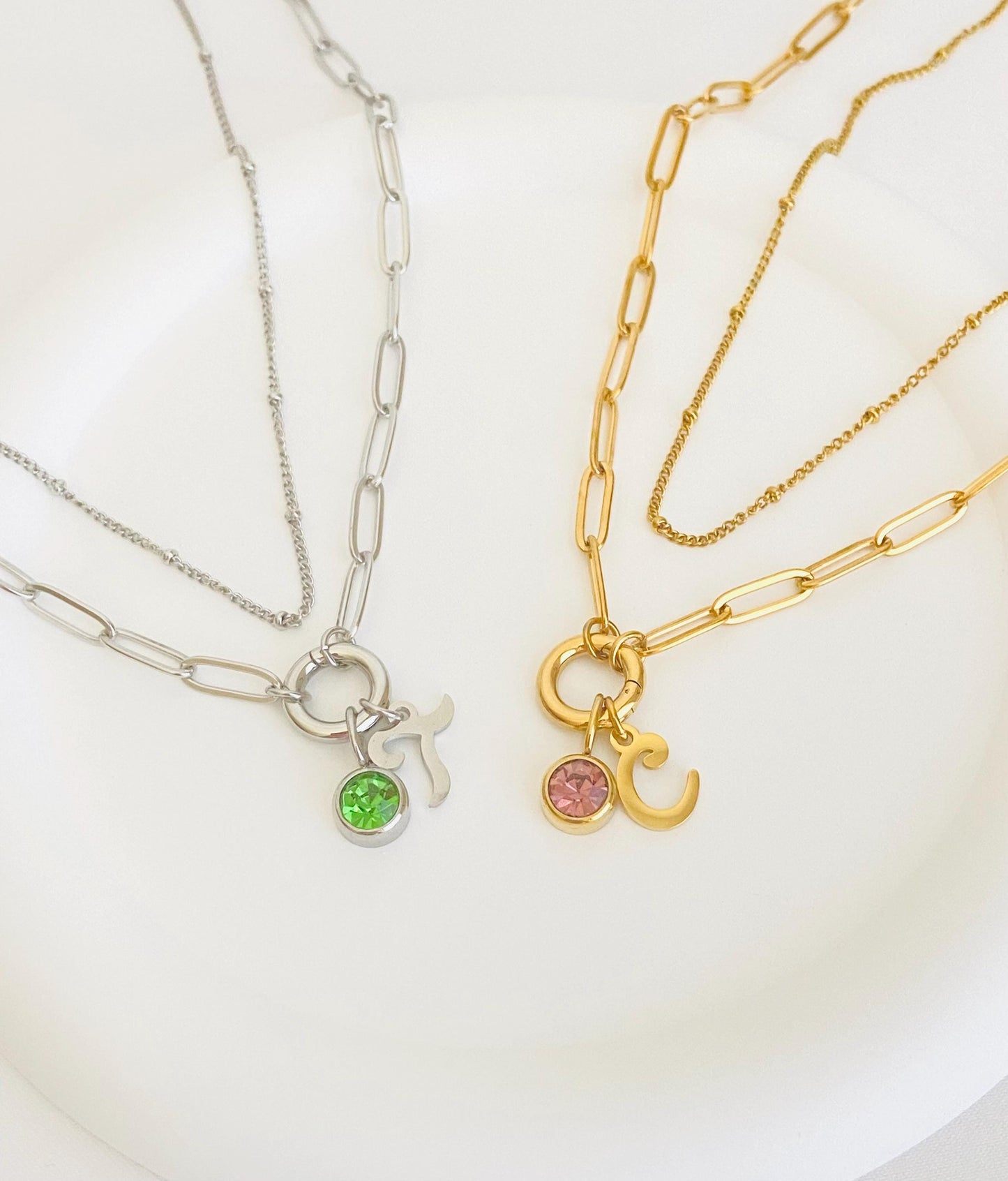 Personalized Mini Paperclip & Satellite Chain Necklace Set with Script Initial & Birthstone • Stainless Steel or Gold