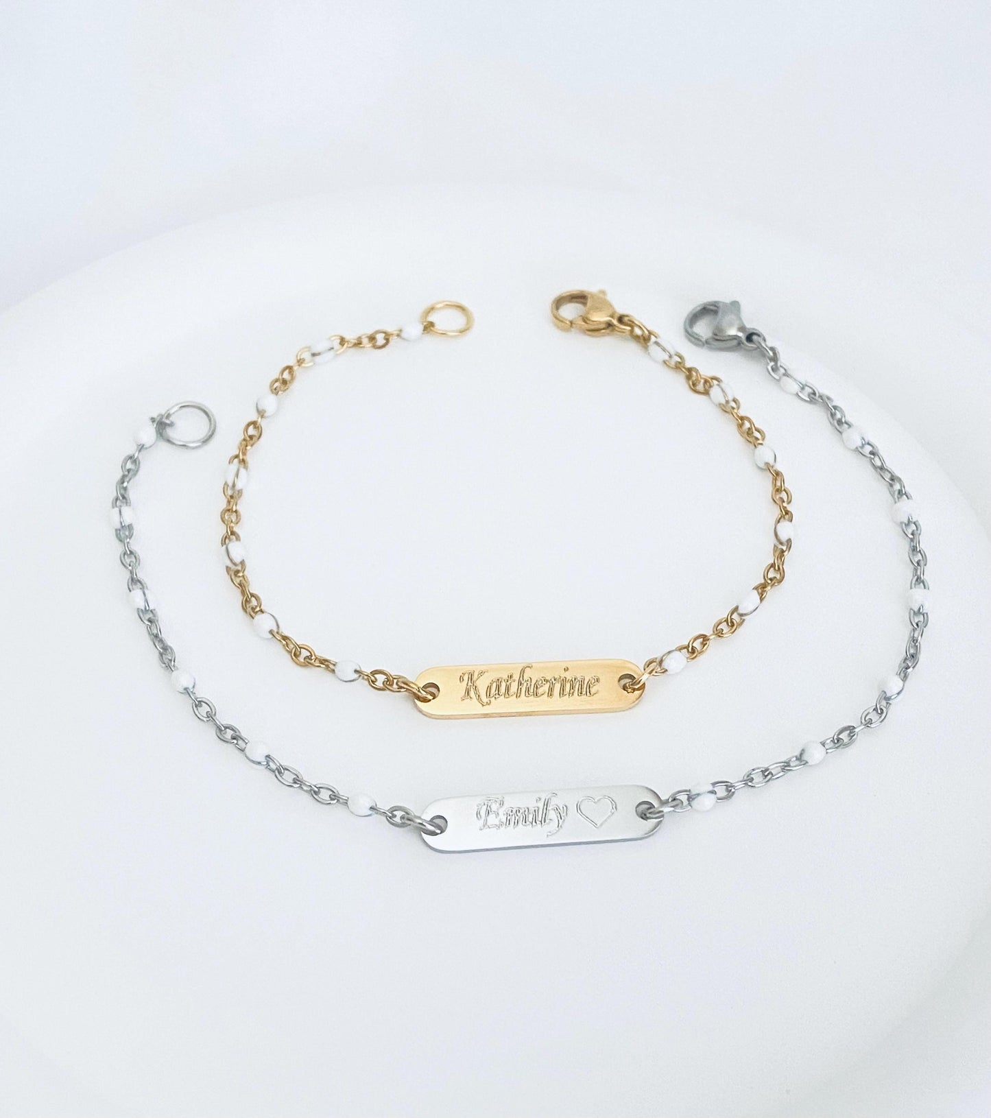 Personalized Stainless Steel Mini Bar Bracelet with White Enamel Beaded Chain • Custom Engraved Name Bracelet