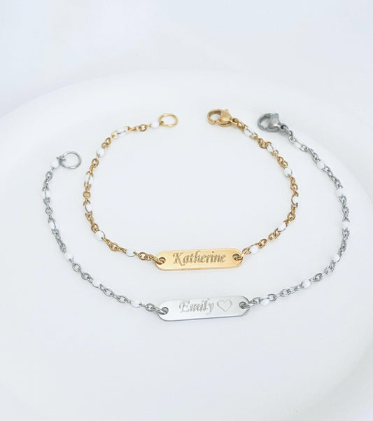 Personalized Stainless Steel Mini Bar Bracelet with White Enamel Beaded Chain • Custom Engraved Name Bracelet