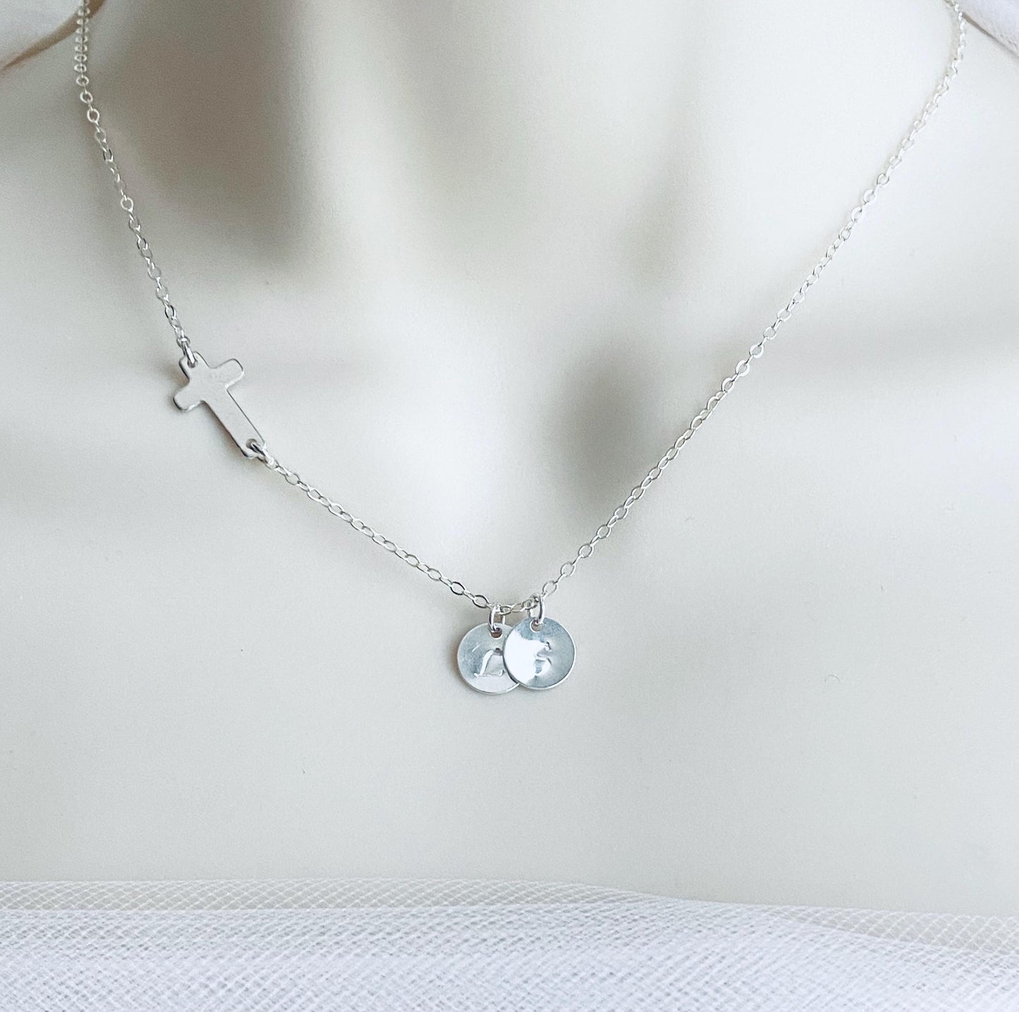 Personalized Cross Necklace with Hand Stamped Initial Charm • Custom Faith Necklace