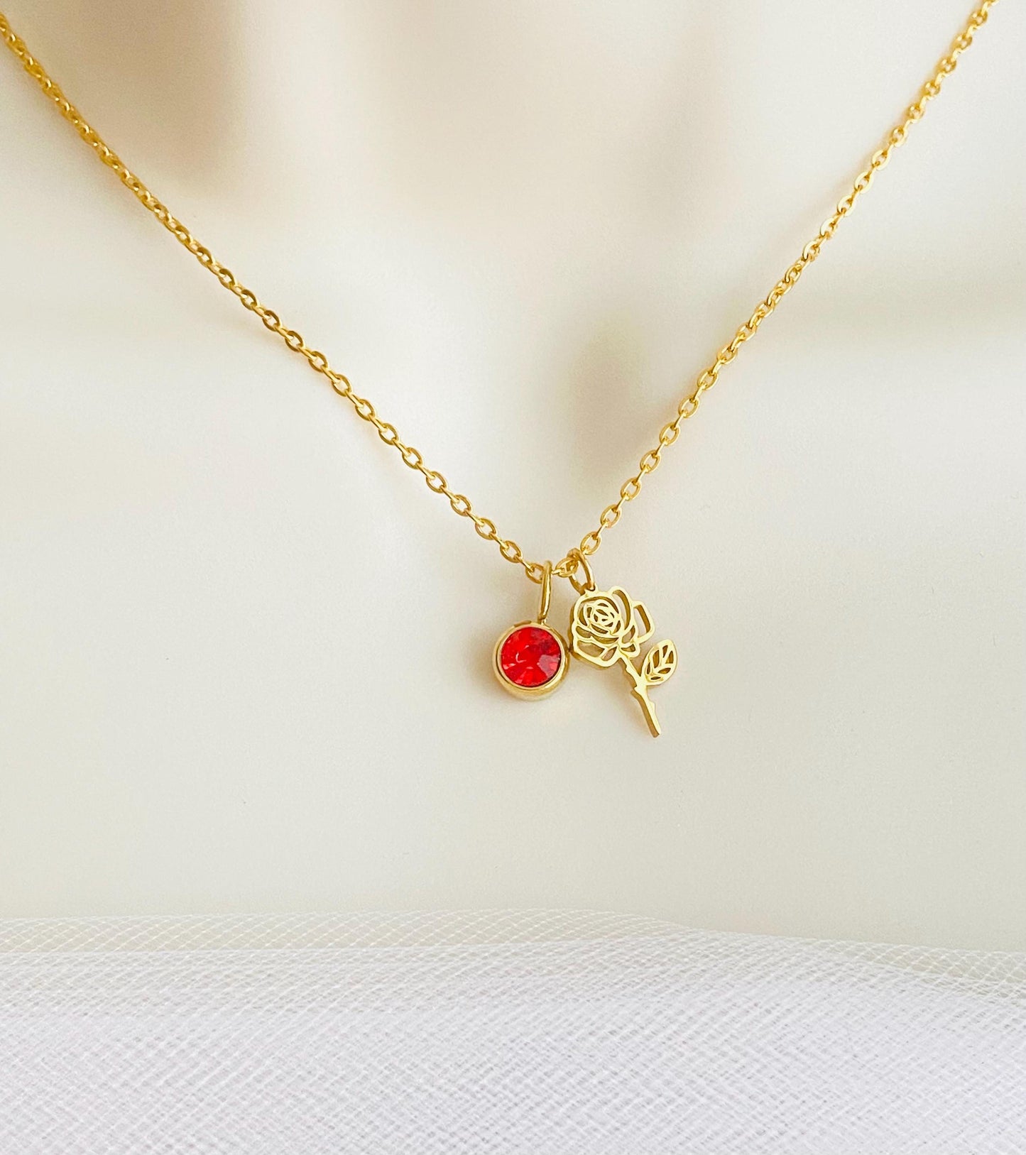 Personalized Birthstone & Birth Flower Pendant Necklace • Custom Necklace in Stainless Steel or Gold