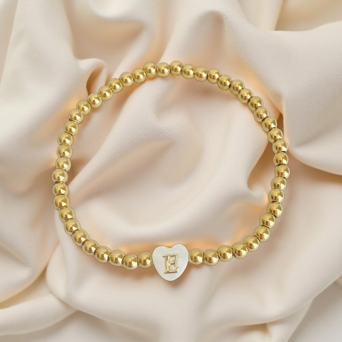 Personalized Dainty Initial Bracelet • Gold Beaded Stretch Bracelet with Shell Initial