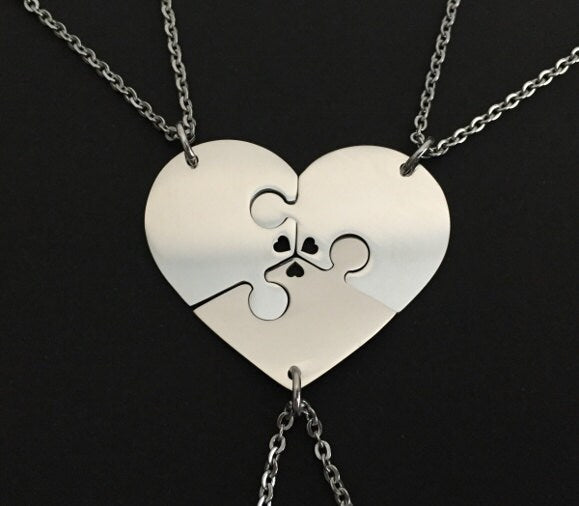 Personalized Stainless Steel 3-Piece Heart Puzzle Necklace Set with Tiny Heart Cutout •  Custom Engraved Matching Necklaces