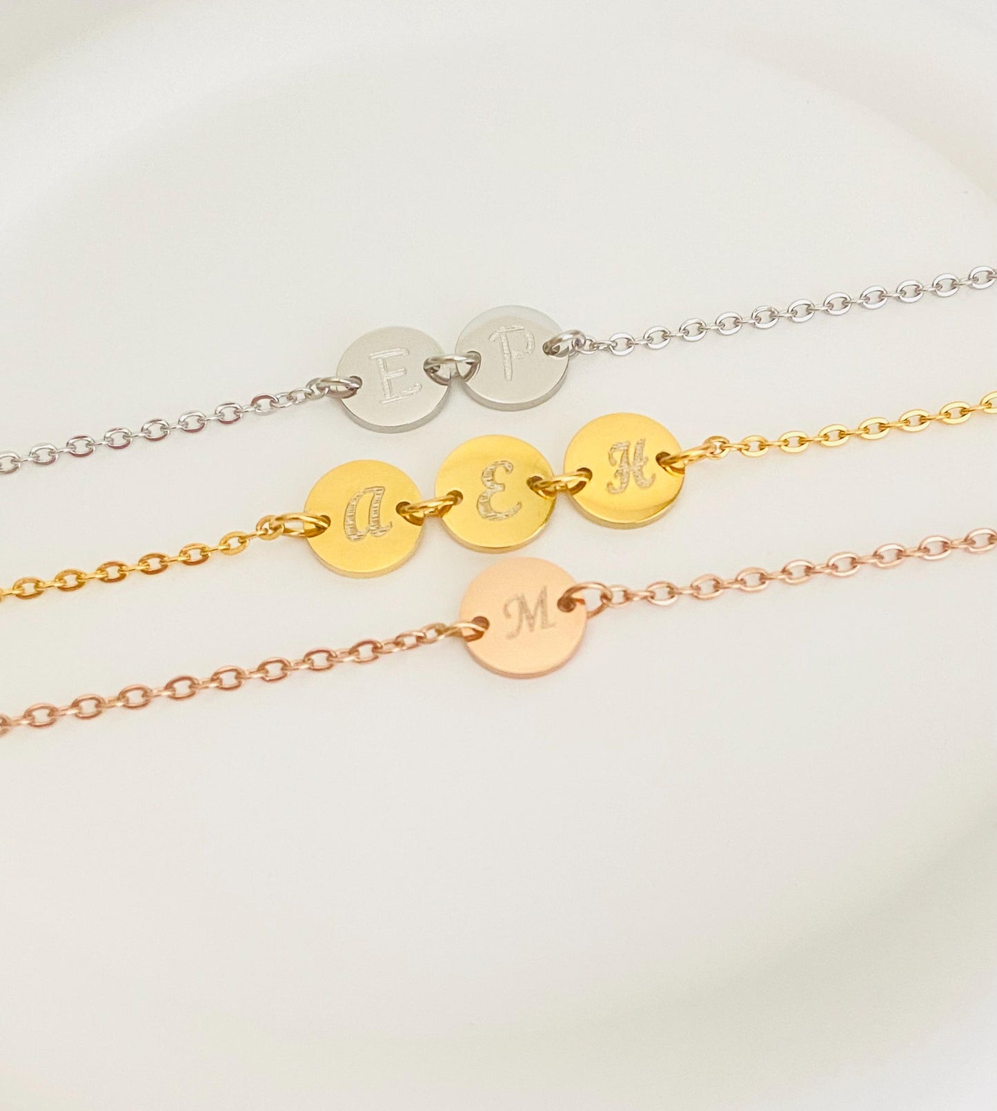Personalized Stainless Steel Initial Bracelet. Engraved Round Charm Bracelet. Minimalist Layering Jewelry.