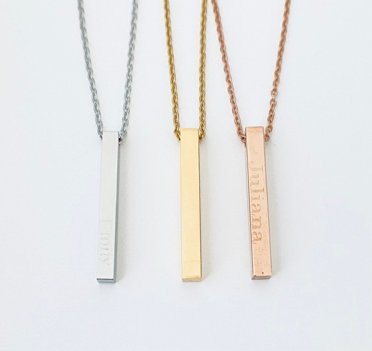 Personalized Long Square Bar Necklace • Stainless Steel, Gold or Rose Gold Custom Engraved Necklace