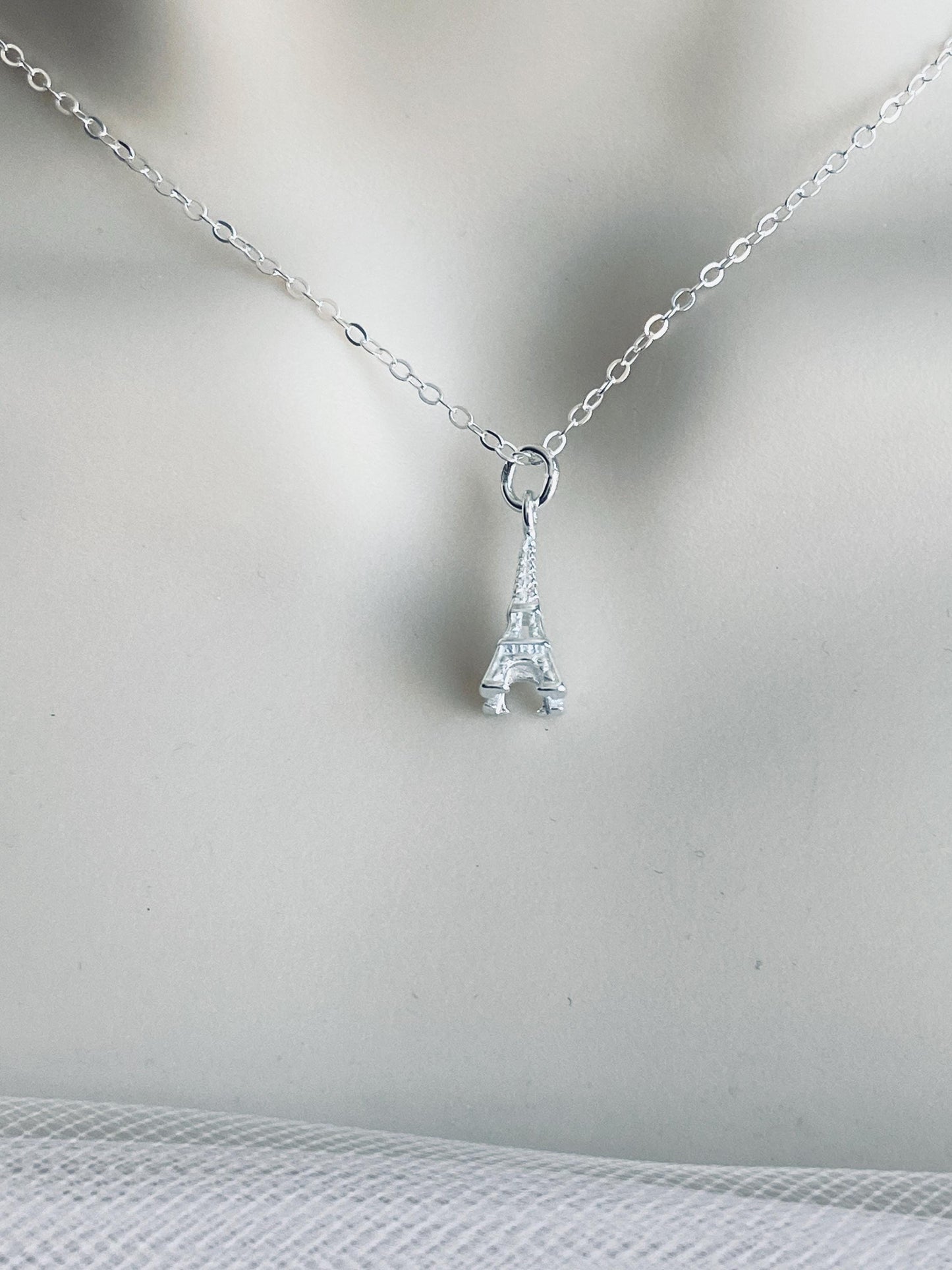 Sterling Silver Eiffel Tower Pendant Necklace • 925 Silver Paris Landmark Charm