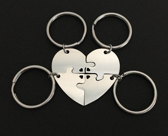 Personalized Stainless Steel 4-Piece Puzzle Key Chain Set with Tiny Heart Cutout • Custom Engraved Matching KeyChains