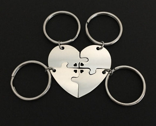 Personalized Stainless Steel 4-Piece Puzzle Key Chain Set with Tiny Heart Cutout • Custom Engraved Matching KeyChains