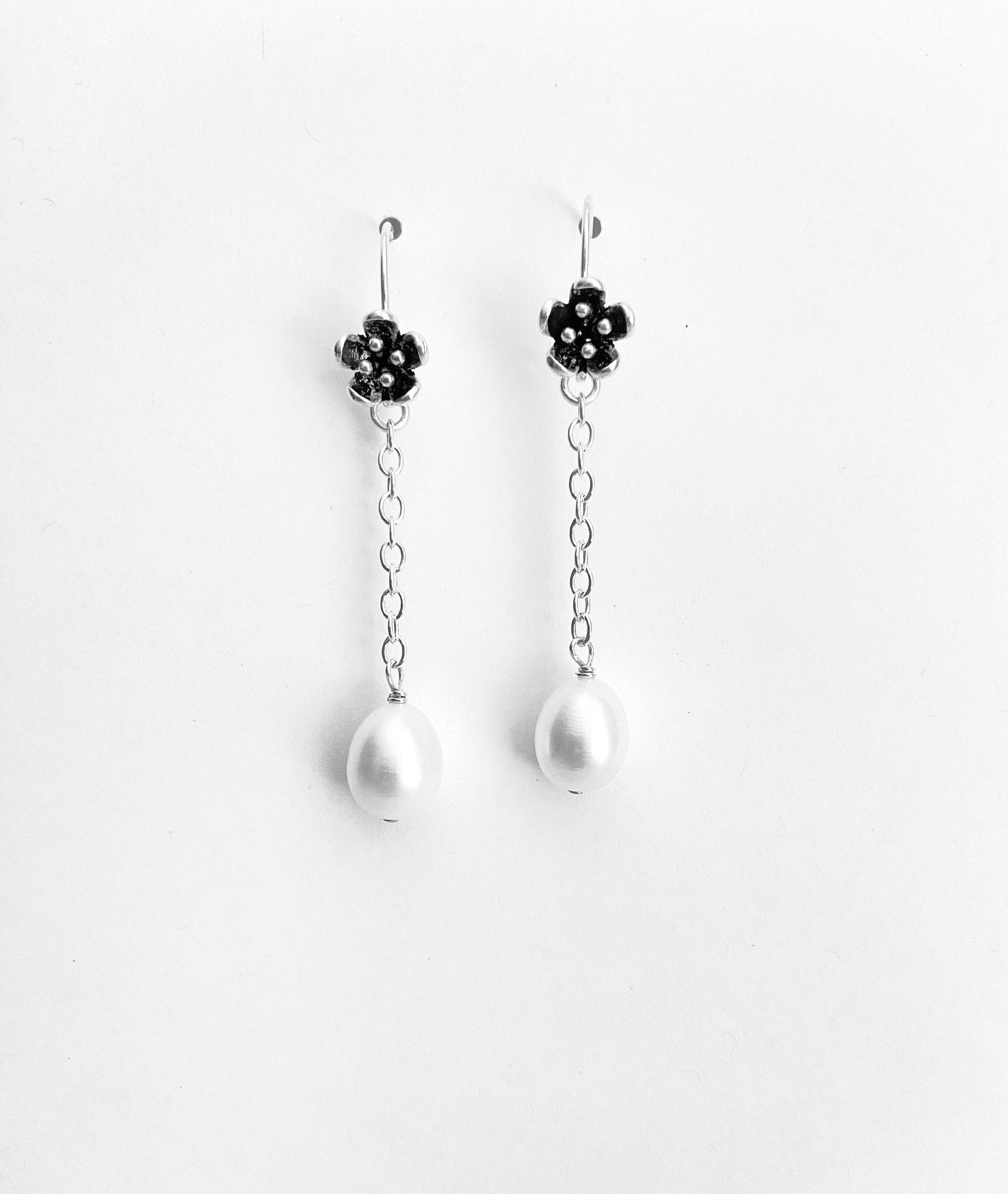 Sterling Silver Dangle Pearl Earrings with Vintage Flower Ear Hook