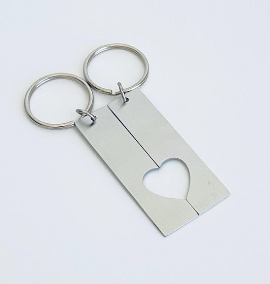 Personalized Stainless Steel Long Bar Key Chain Set with Heart Cutout • Custom Engraved Love Keepsake