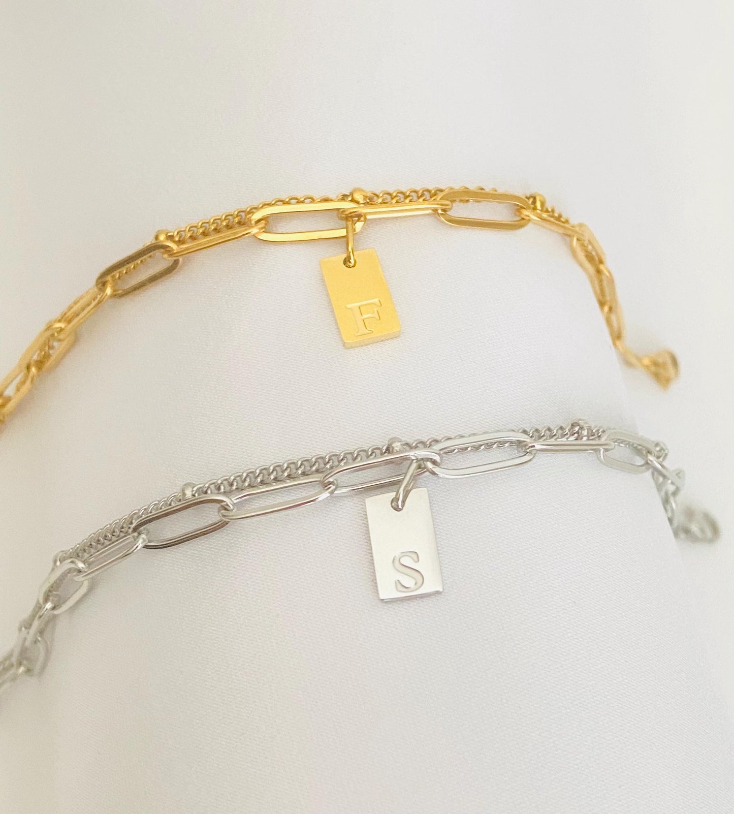 Double Layer Chain Bracelet with Initial Charm • Satellite Chain & Paperclip Chain Bracelet in Stainless Steel or Gold Over Stainless Steel