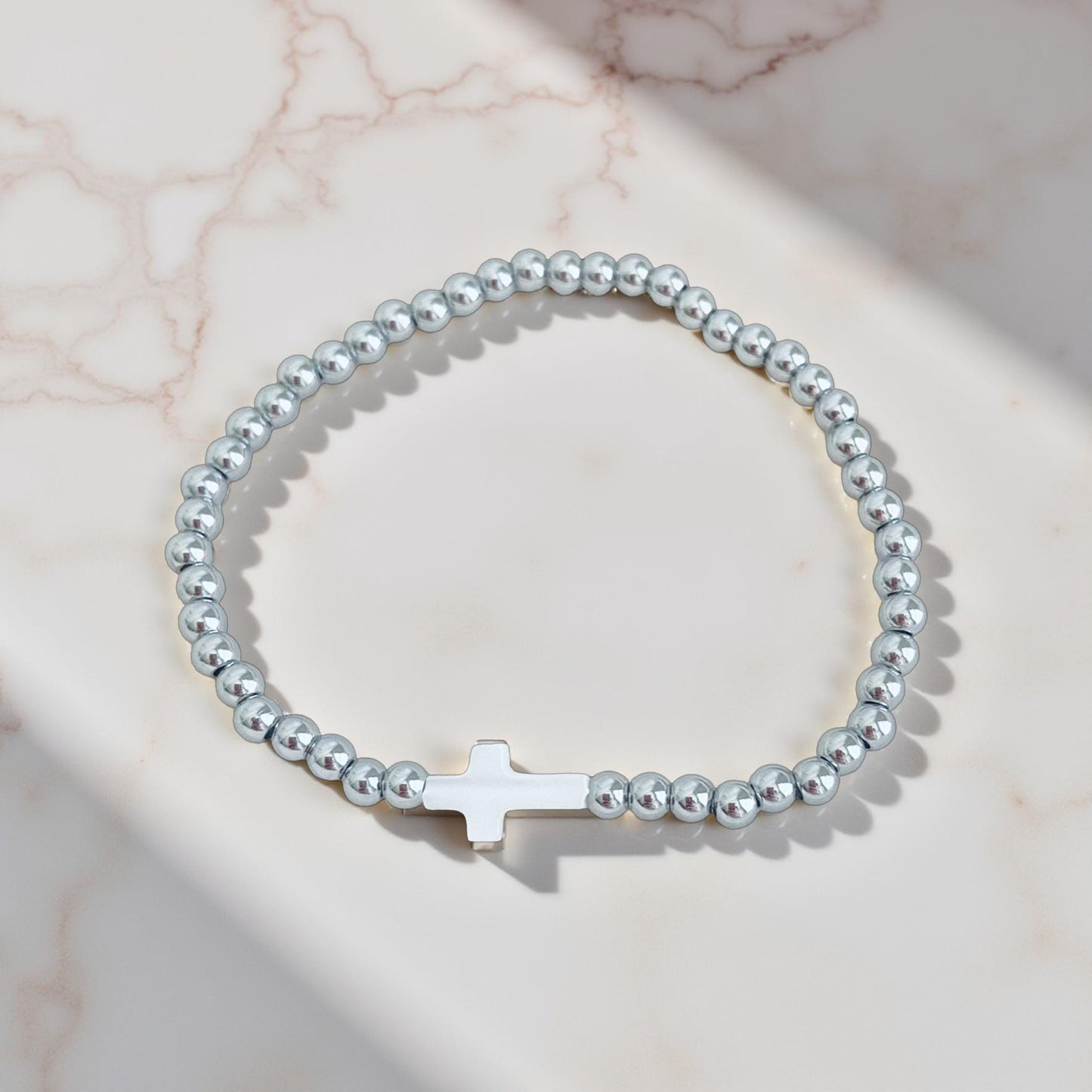 Stainless Steel Beaded Stretch Bracelet with Shell Cross • Christian Faith Jewelry Gift