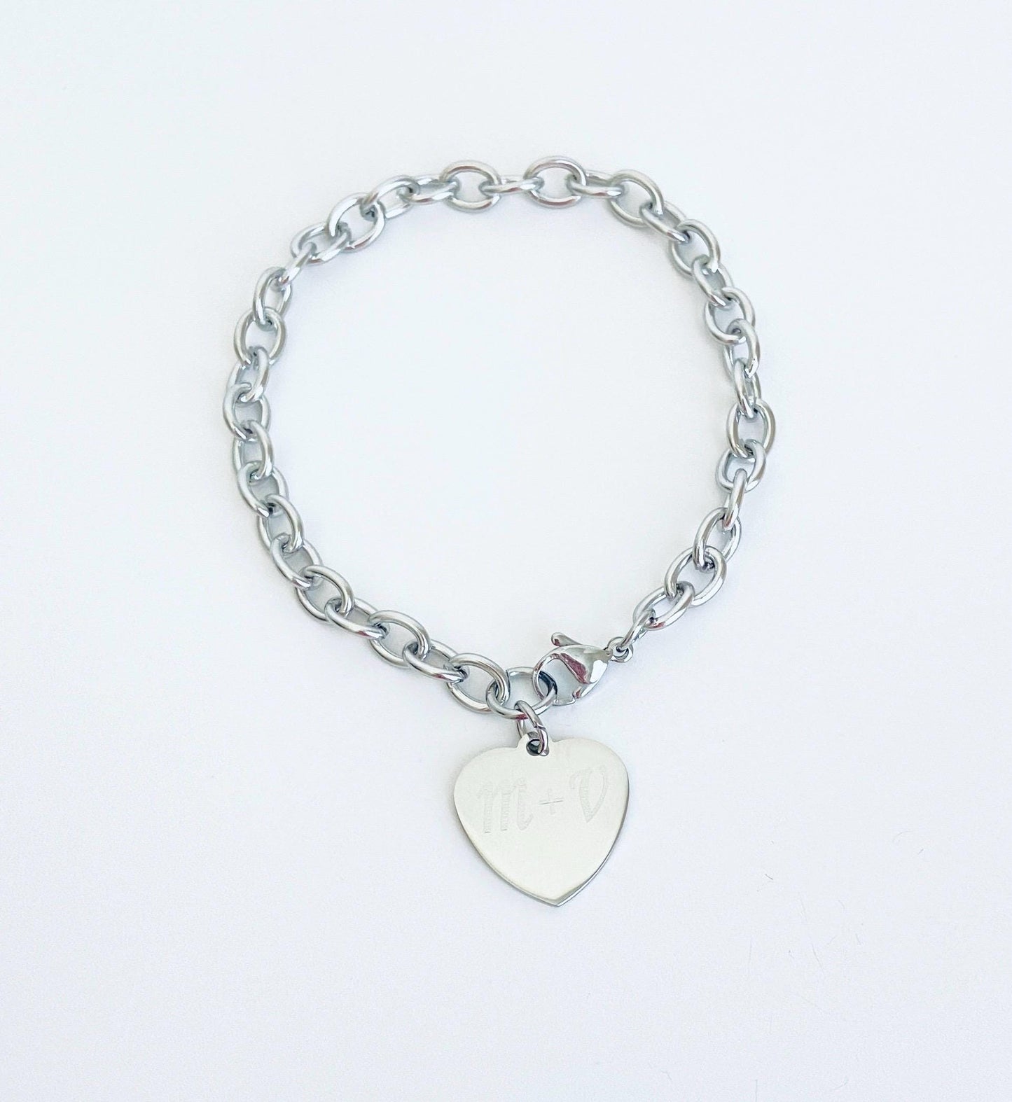 Stainless Steel Chain Bracelet with Personalized Heart Charm • Custom Engraved Bracelet
