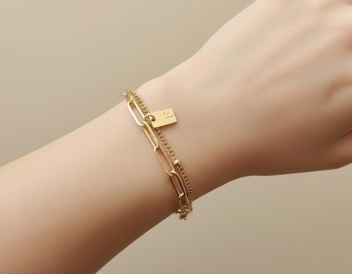Double Layer Chain Bracelet with Initial Charm • Satellite Chain & Paperclip Chain Bracelet in Stainless Steel or Gold Over Stainless Steel