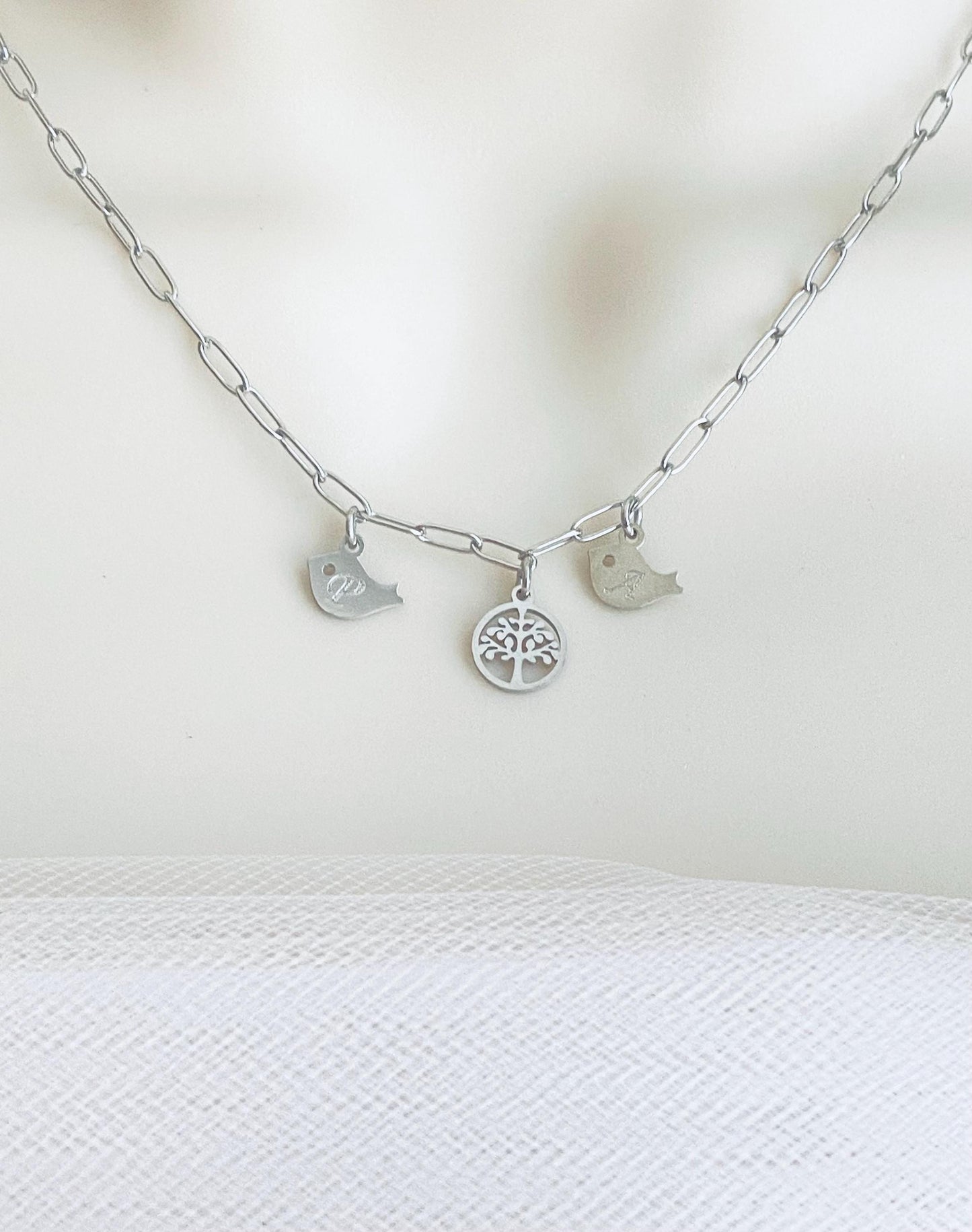 Stainless Steel Family Tree Pendant Necklace with Baby Bird Charms • Personalized Mother Necklace