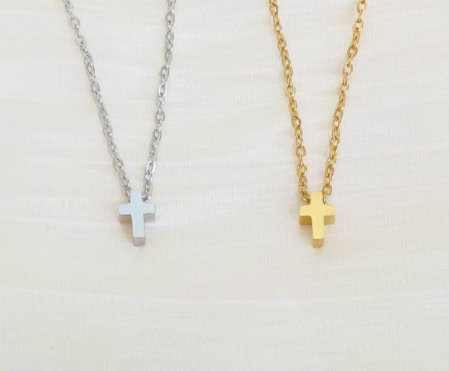 Stainless Steel Tiny Cross Charm Necklace • Minimalist Religious Necklace in Silver or Gold