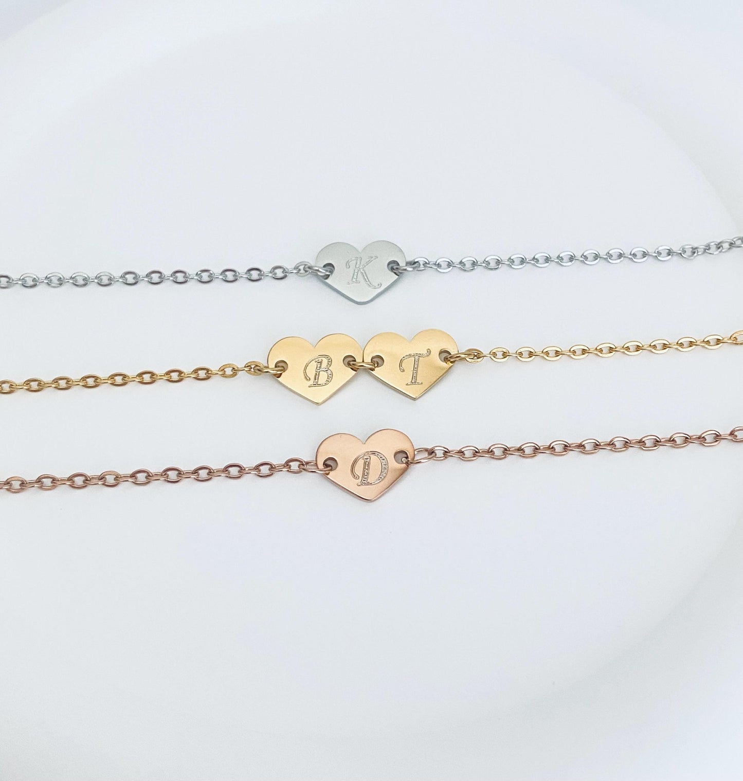 Personalized Heart Initial Bracelet • Custom Letter Bracelet with One or Multiple Charms in Stainless Steel or Gold