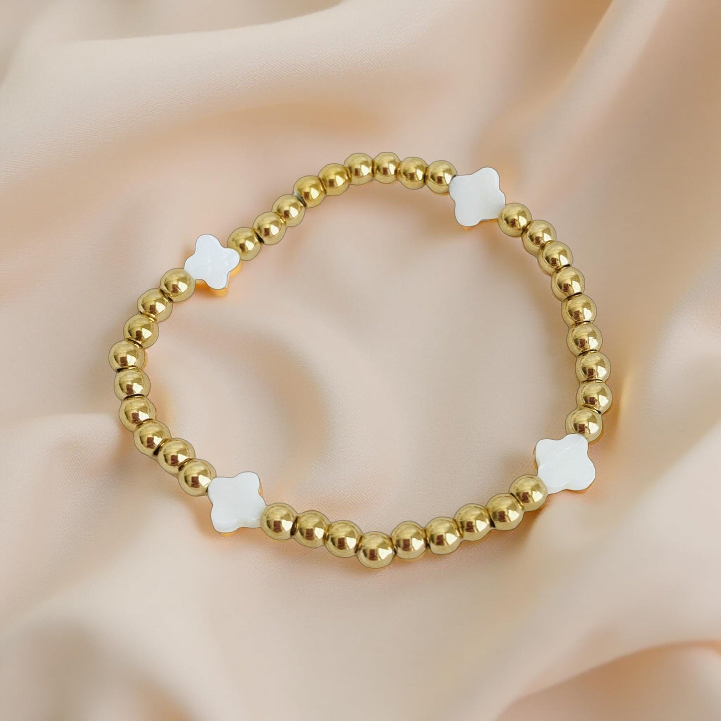 Stainless Steel Beaded Stretch Bracelet with Shell Clover Beads • Lucky Charm Jewelry for Women