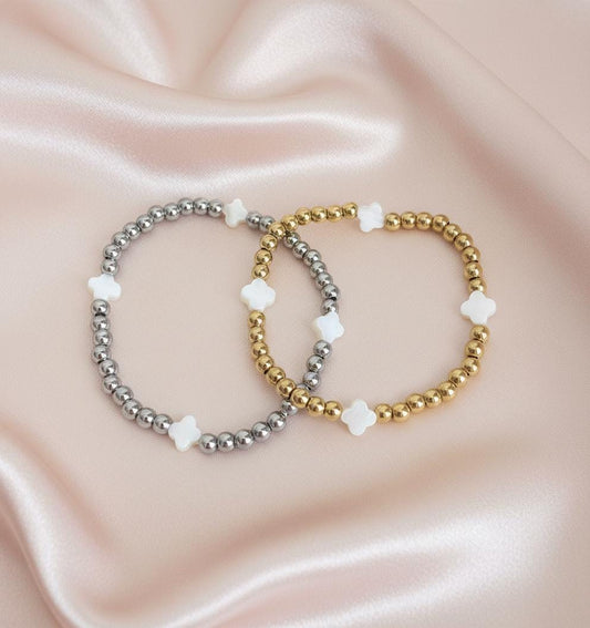 Stainless Steel Beaded Stretch Bracelet with Shell Clover Beads • Lucky Charm Jewelry for Women
